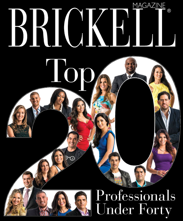 Image Brickell Magazine Top 20 Under 40. Photo of number 20 in large print filled with headshots of award recipients.