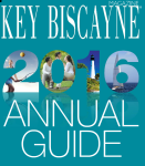 Image of Key Biscayne 2016 Annual Guide with 2016 in large print. Each number filled with different image: woman playing tennis, man woman and girl on bench outside, lighthouse, sail boat in ocean.